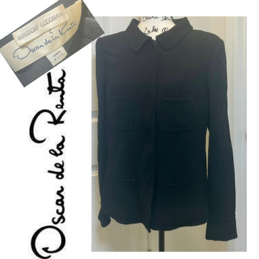 90’s OSCAR DE LA RENTA BLAZER SILK WOOL ZIP UP BLACK SZ 12 TAILORED GOTHCORE